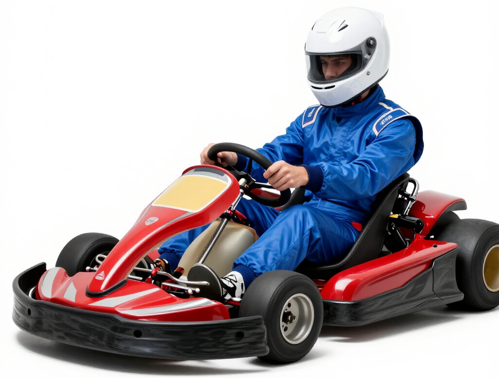 Persona con casco bianco alla guida di un go-kart rosso su sfondo bianco