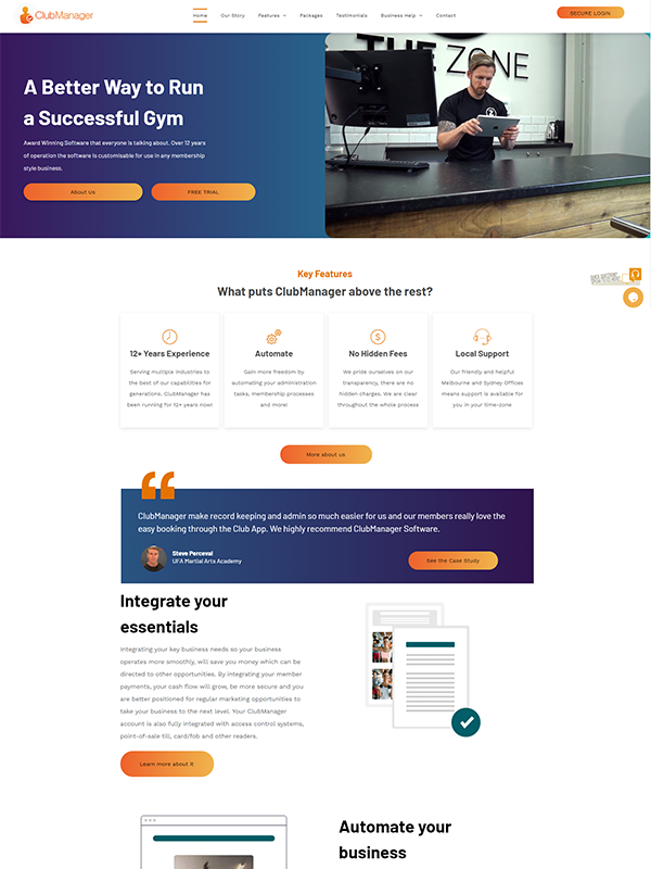 Desktop preview of Club Manager website