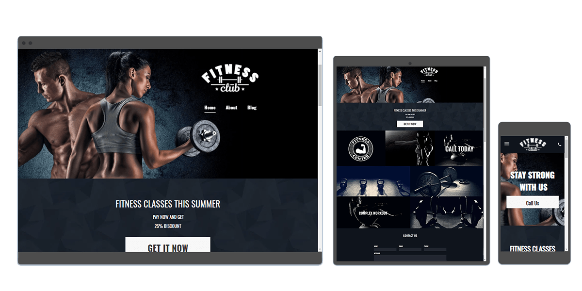 Fitness Club  Kapow website previewed on a desktop, tablet and phone