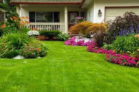 A house with a lush green lawn and flowers in front of it.