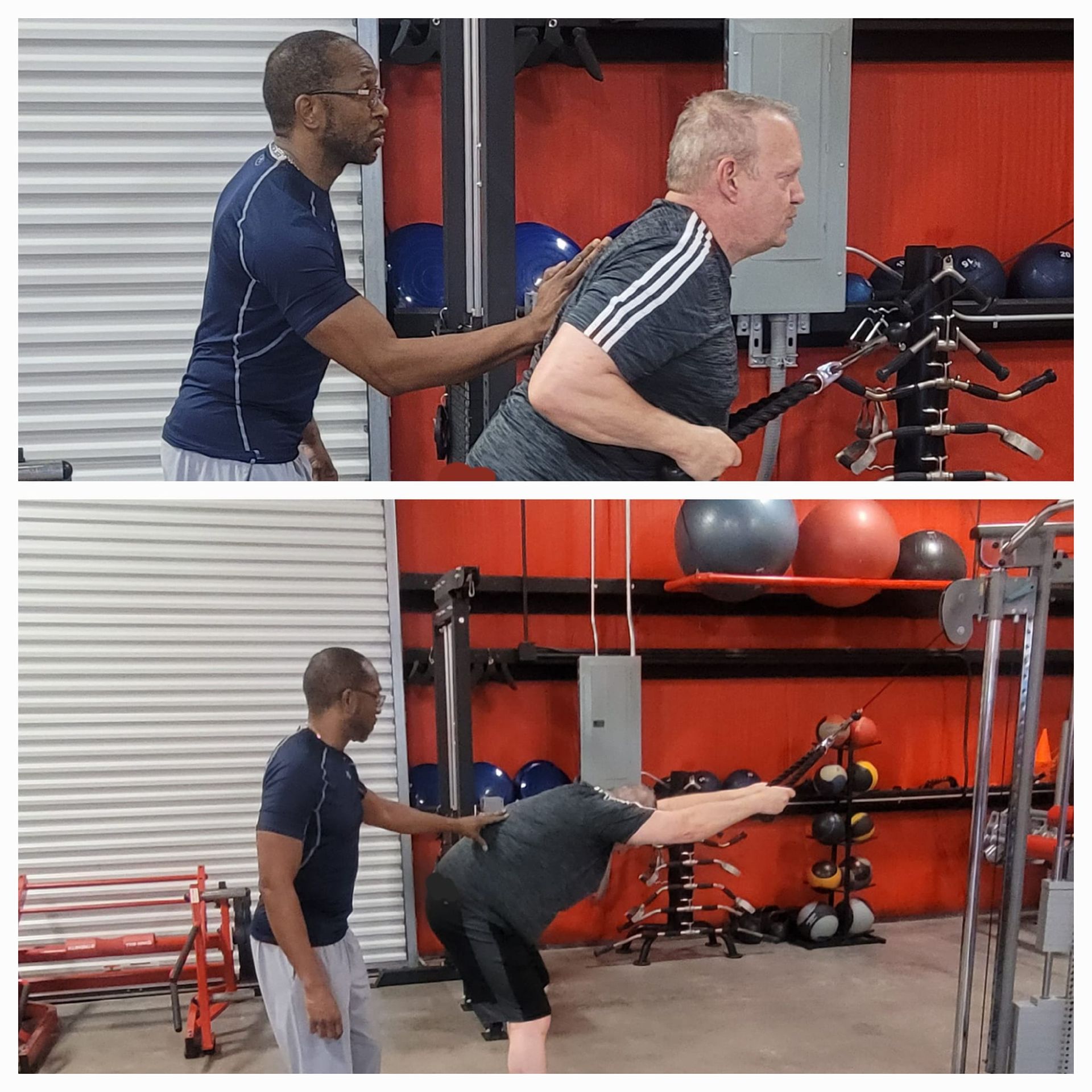 A man is helping another man do exercises in a gym.