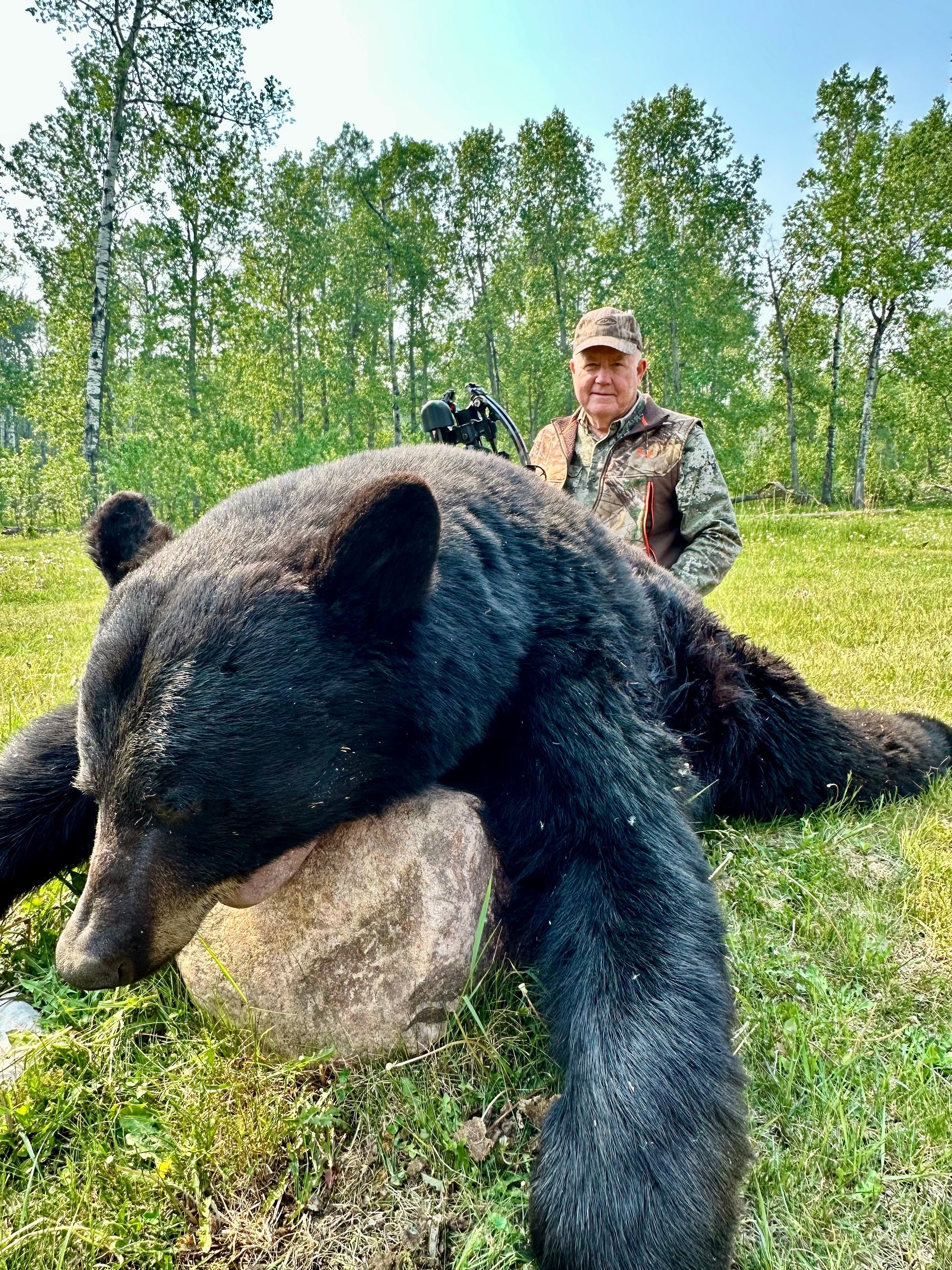 A man is standing next to a large black bear in a field.