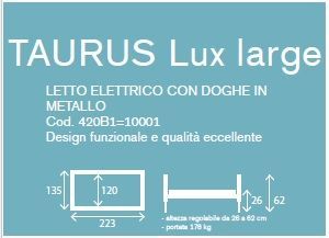 Schema di una rete per letto elettrica. Dimensioni: 223x135x120 cm, altezza regolabile (26-62 cm) e capacità di carico di 170 kg.