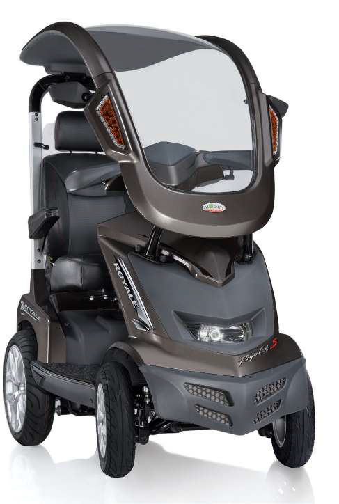 Scooter elettrico marrone con tettuccio e parabrezza.