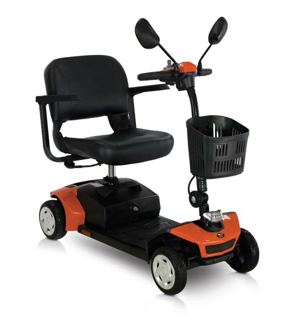 Scooter elettrico arancione e nero con cestino e sedile, ruote bianche.