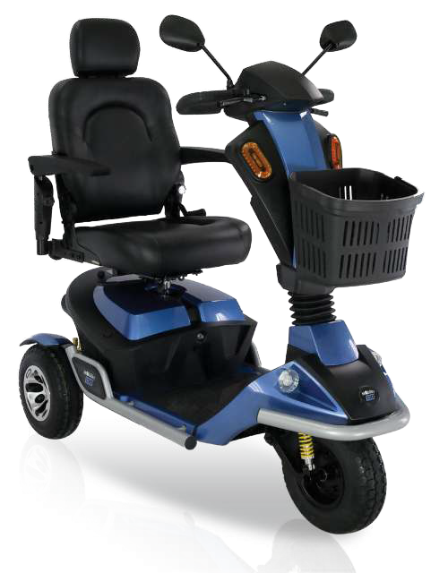 Scooter elettrico blu e nero con cestino, progettato per l'uso all'aperto.
