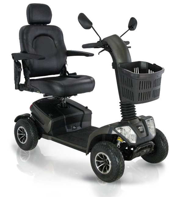 Scooter elettrico nero con sedile, cestino, fari e specchietti retrovisori.