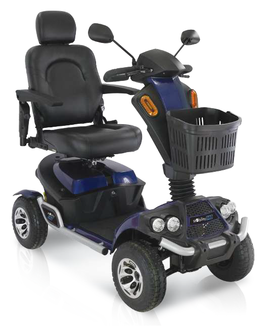 Scooter elettrico blu e nero con cestino, sedile e fari.