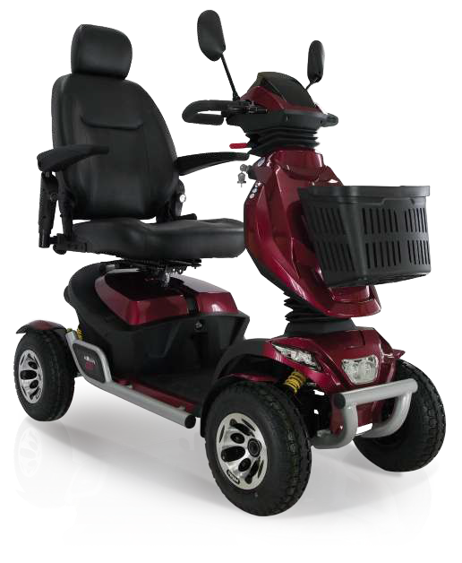 Uno scooter elettrico color bordeaux con sedile nero, cestino anteriore e quattro ruote.
