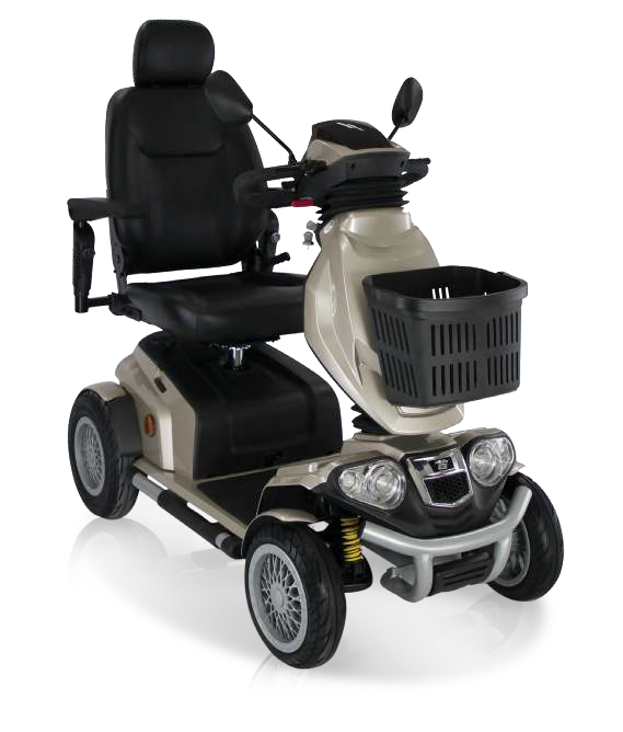 Scooter elettrico color marrone chiaro e nero con cestino e sedile regolabile.