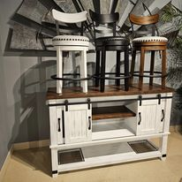 Three bar stools are sitting on top of a white cabinet - Montclair, CA - Alexa Furniture