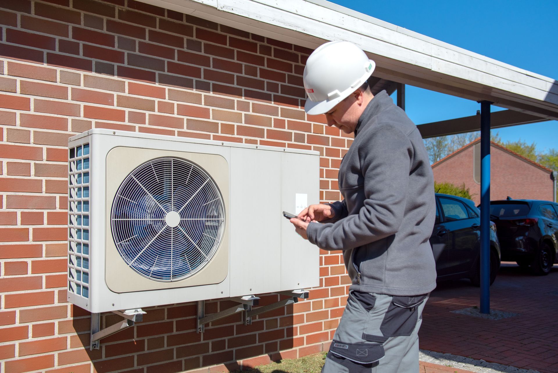 A local HVAC contractor technician inspecting a unit on a brick wall with a smartphone.