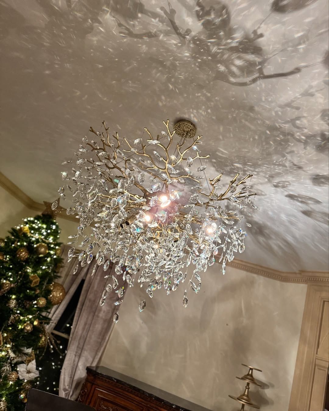 Crystal chandelier with a tree-like design, casting intricate light patterns on the ceiling. A Christmas tree is visible on the left.