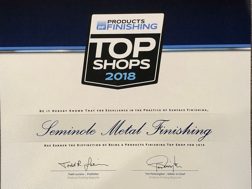 A top shops certificate for Seminole Metal Finishing.