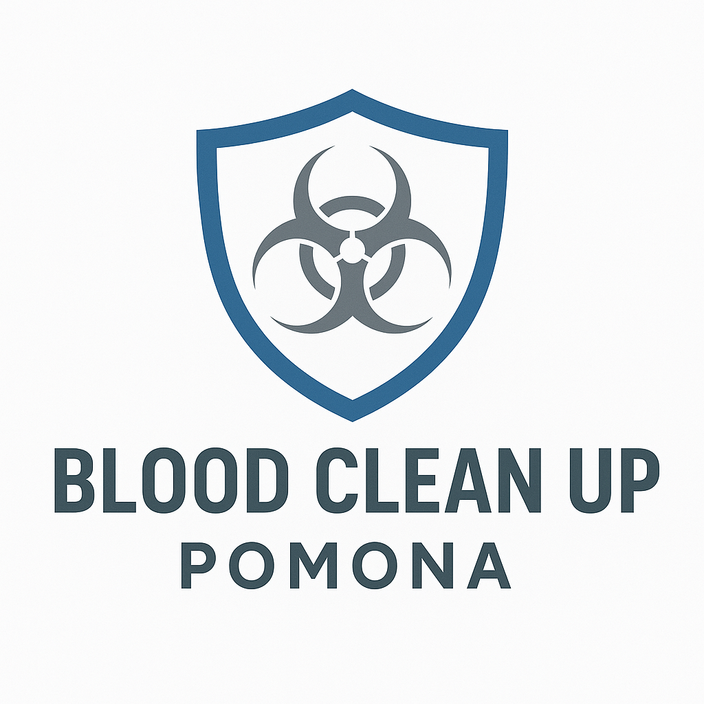 Logo for Blood Clean Up Los Angeles, featuring a blue shield with a biohazard symbol inside.
