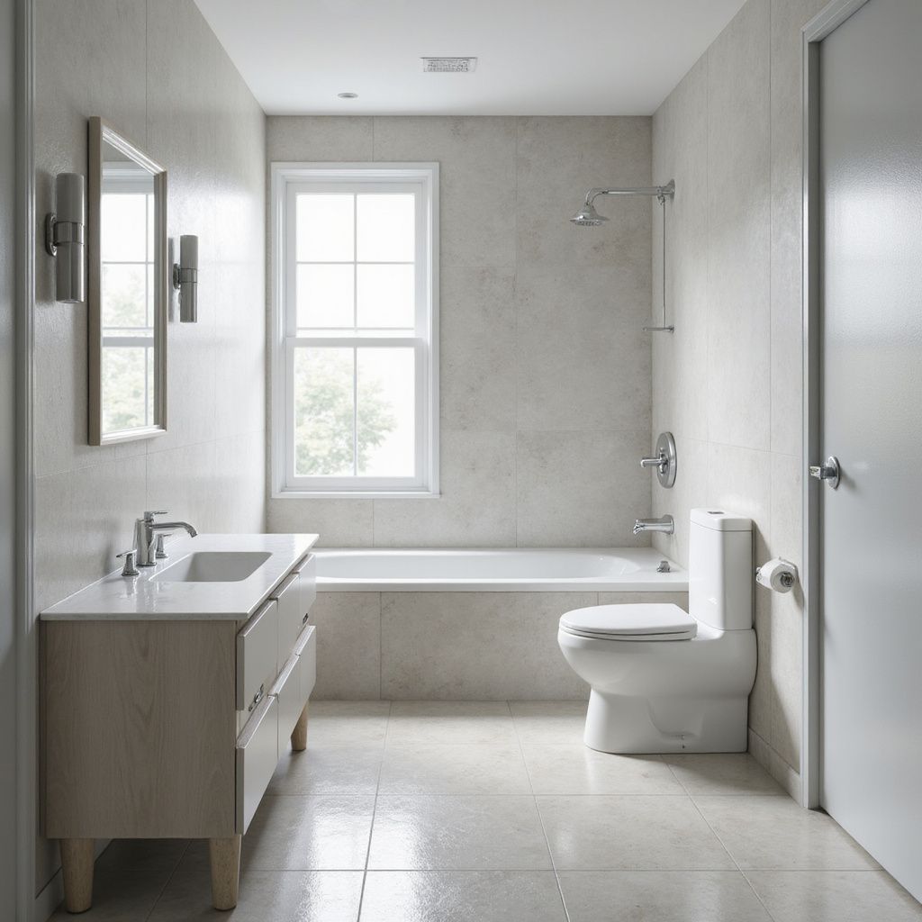 Modern bathroom with a bathtub, toilet, vanity, and window. Neutral color scheme, bright and clean.