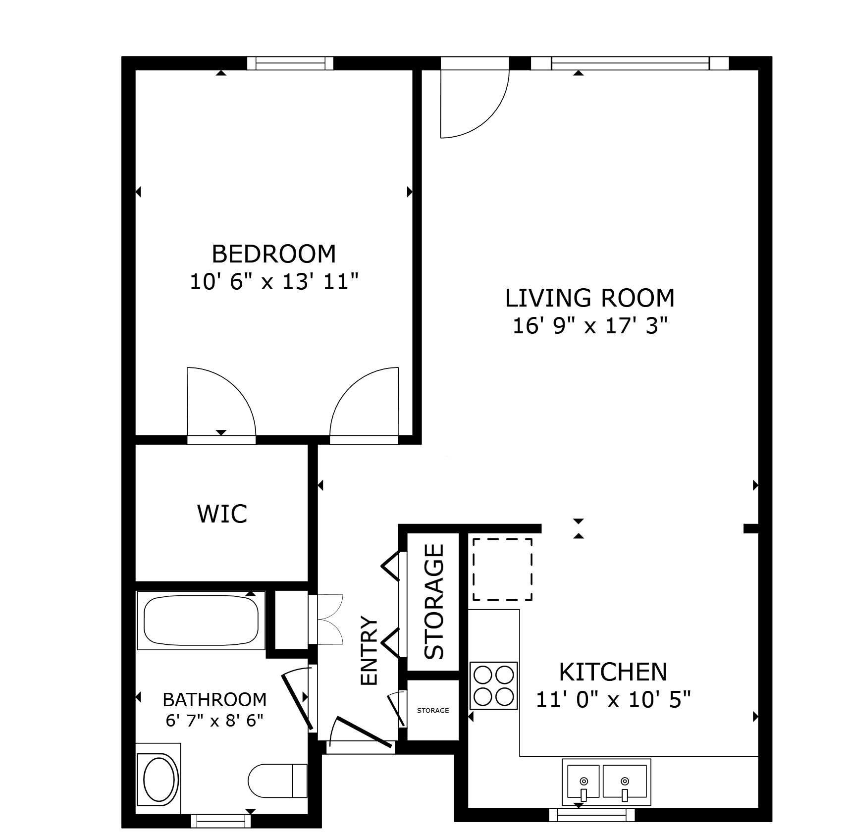 apartment black and white floor plan with room dimensions 