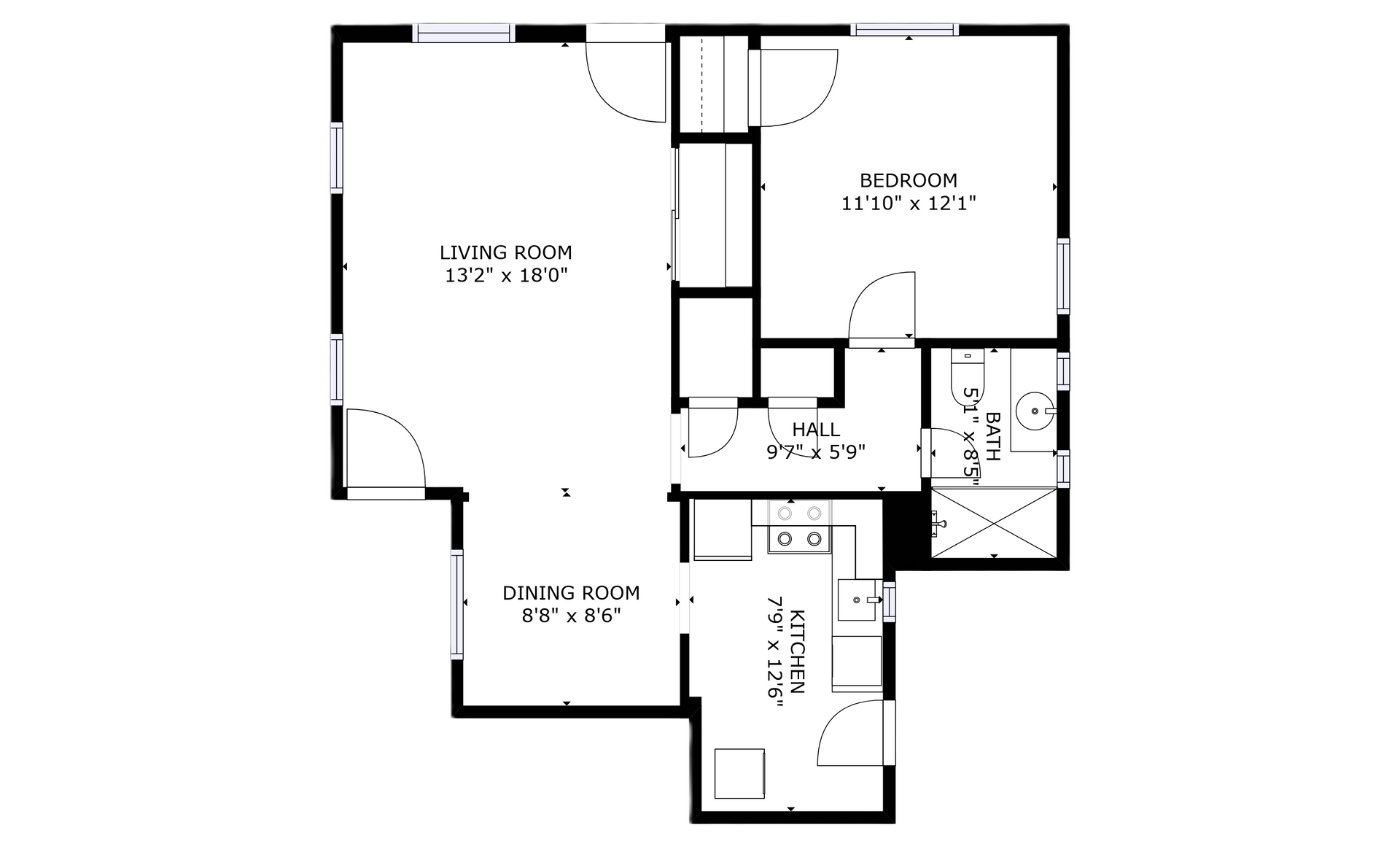 apartment black and white floor plan with room dimensions 