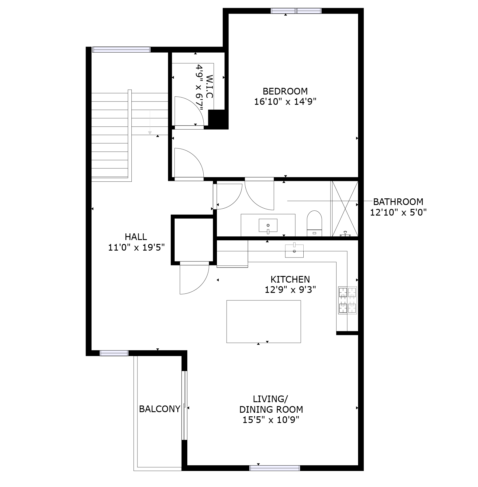 apartment black and white floor plan with room dimensions 
