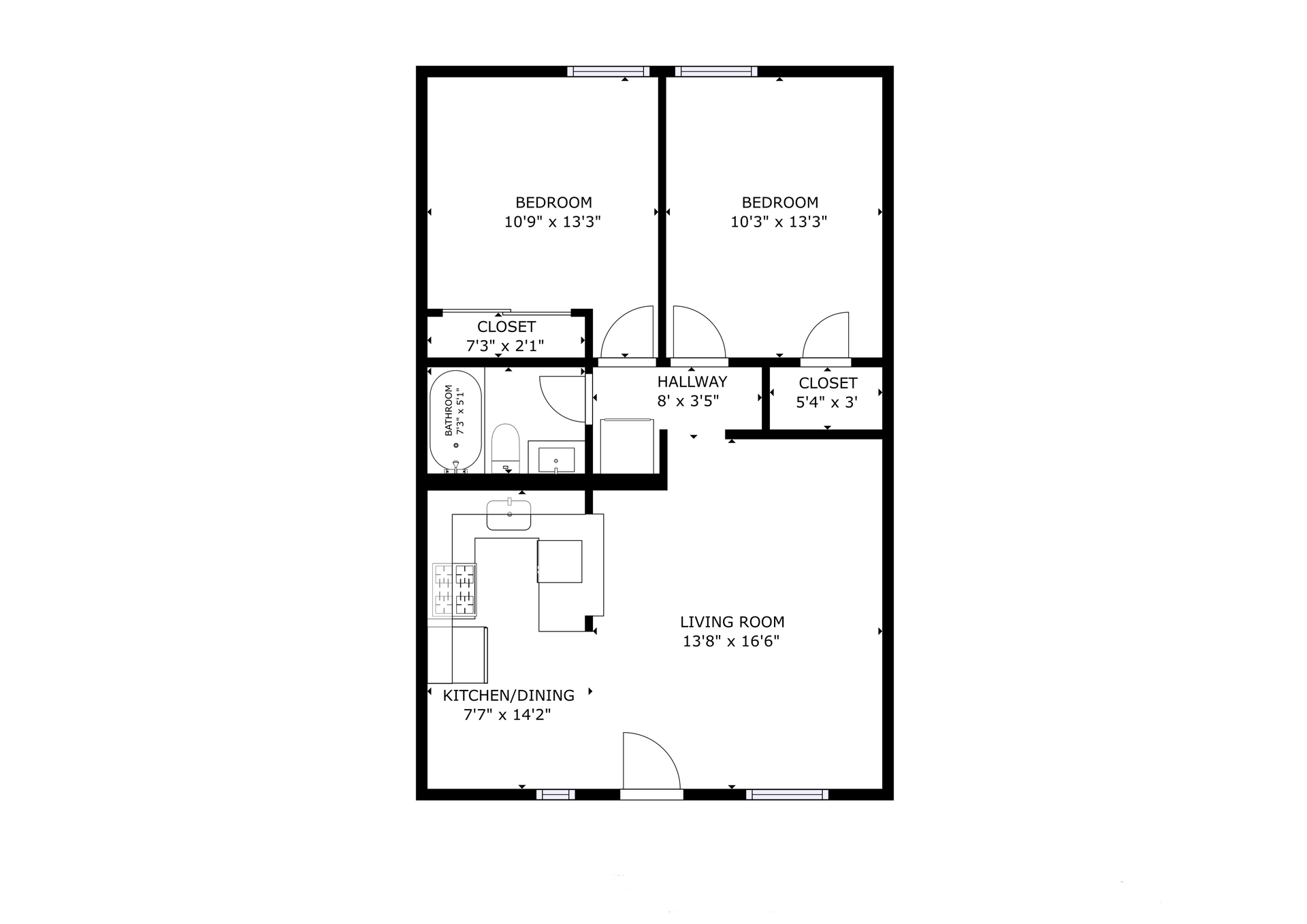 Cosmo apartment black and white 1 bedroom floor plan with room dimensions 