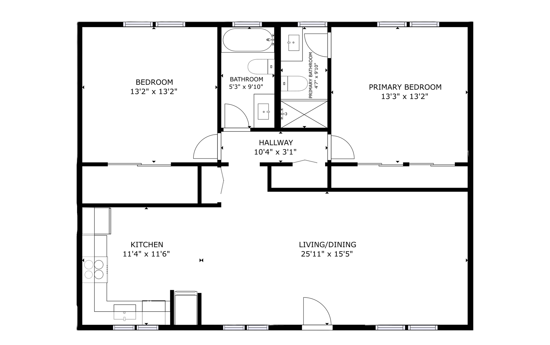 apartment black and white floor plan with room dimensions 