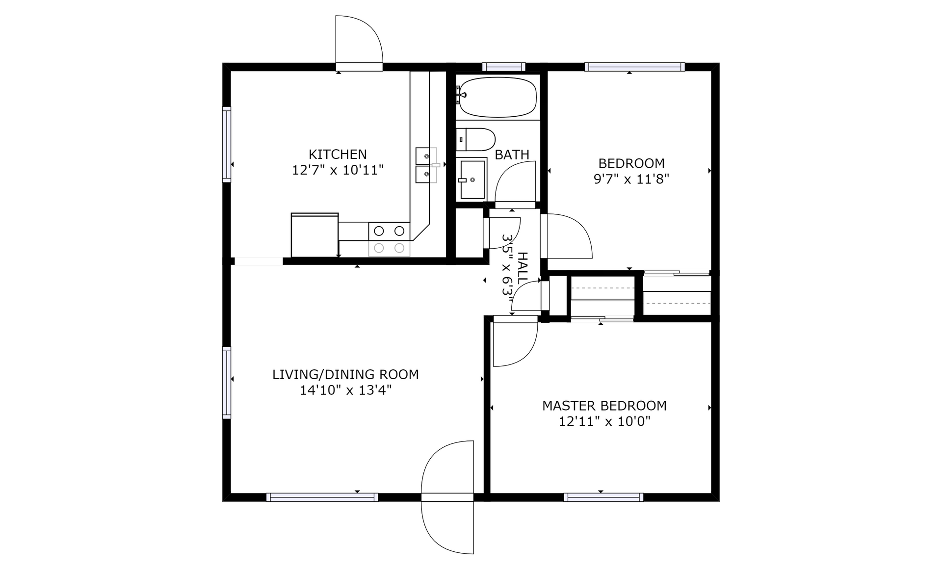 apartment black and white floor plan with room dimensions 