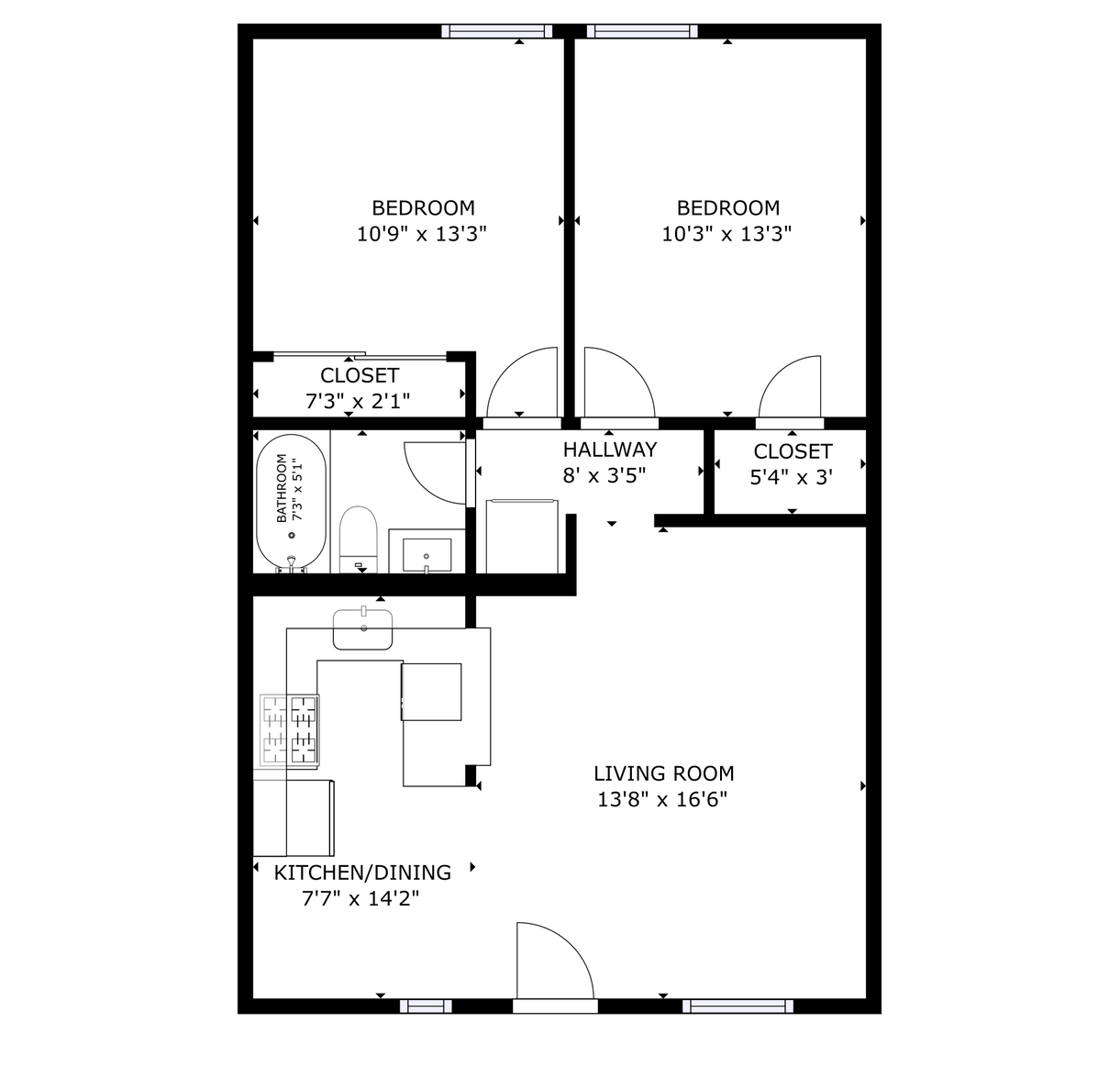 apartment black and white floor plan with room dimensions 