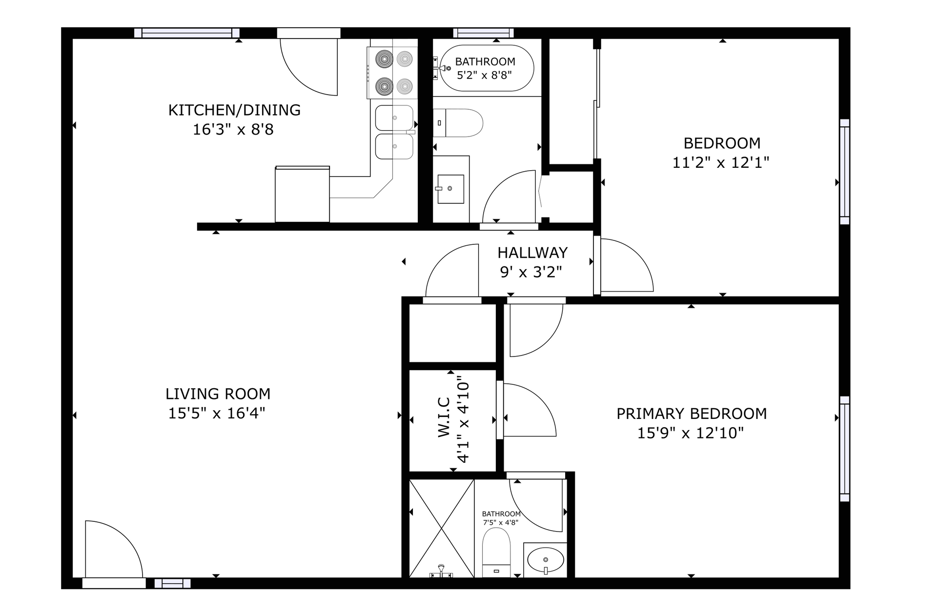 apartment black and white floor plan with room dimensions 