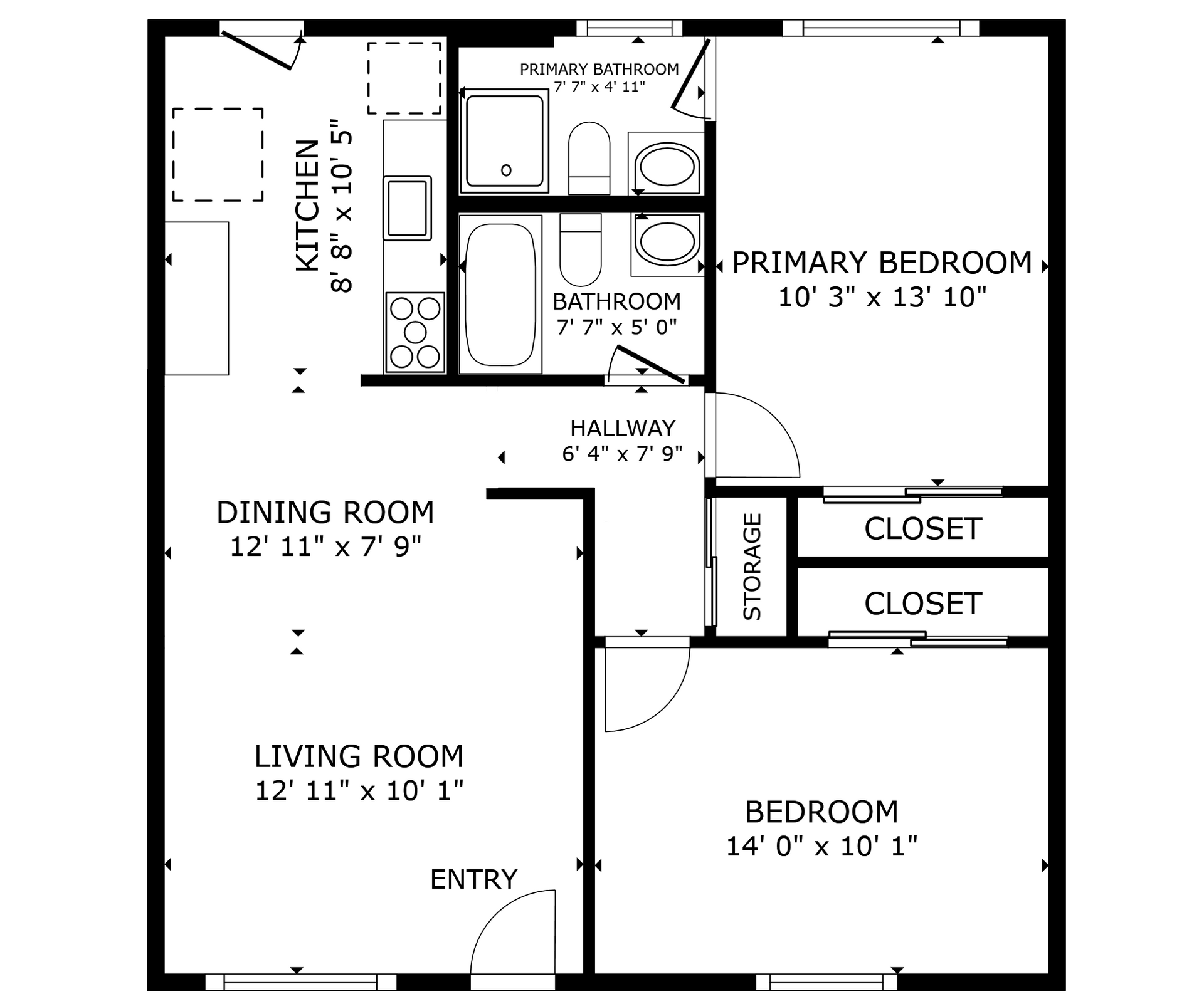 apartment black and white floor plan with room dimensions 