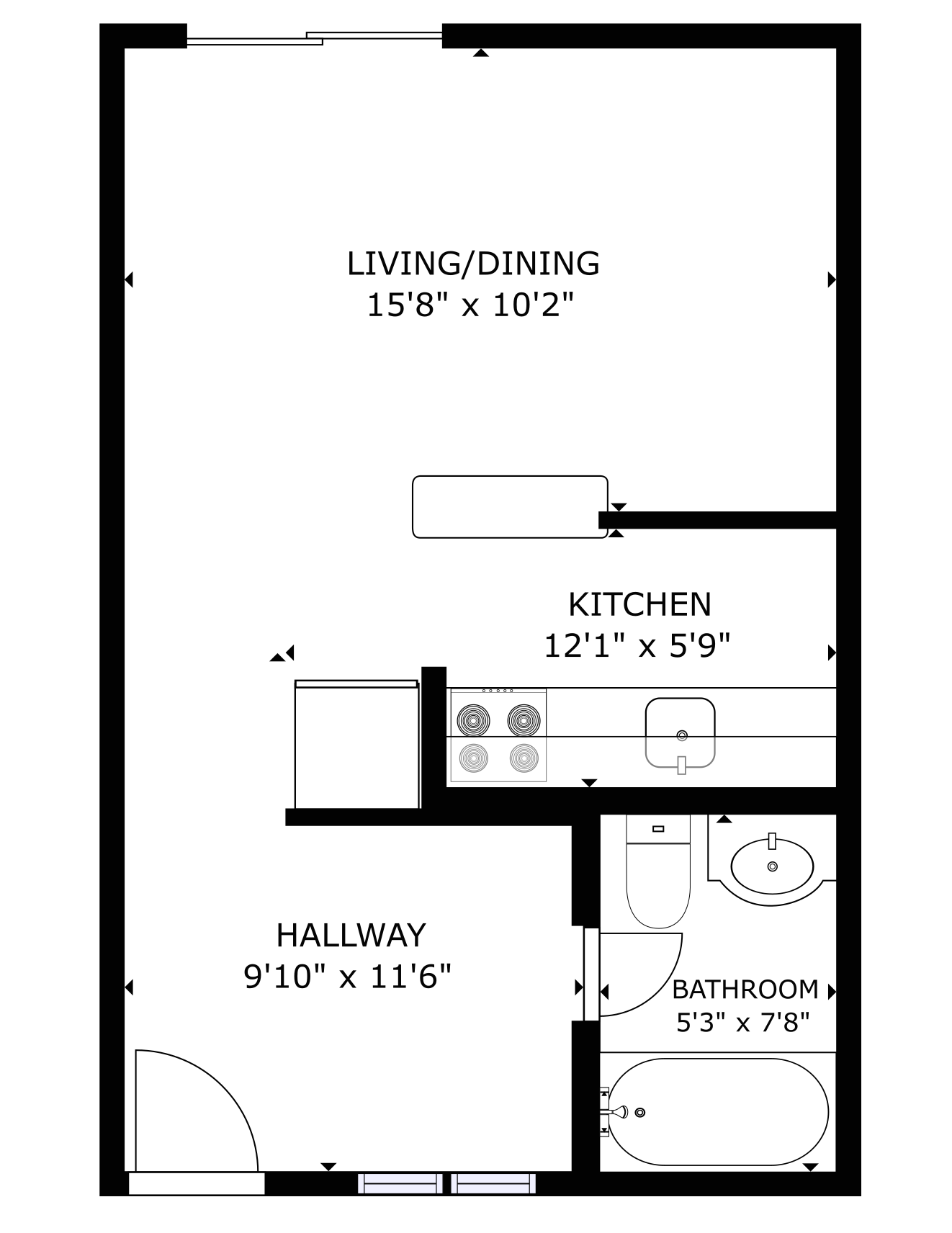 Noro apartment black and white studio floor plan with room dimensions 