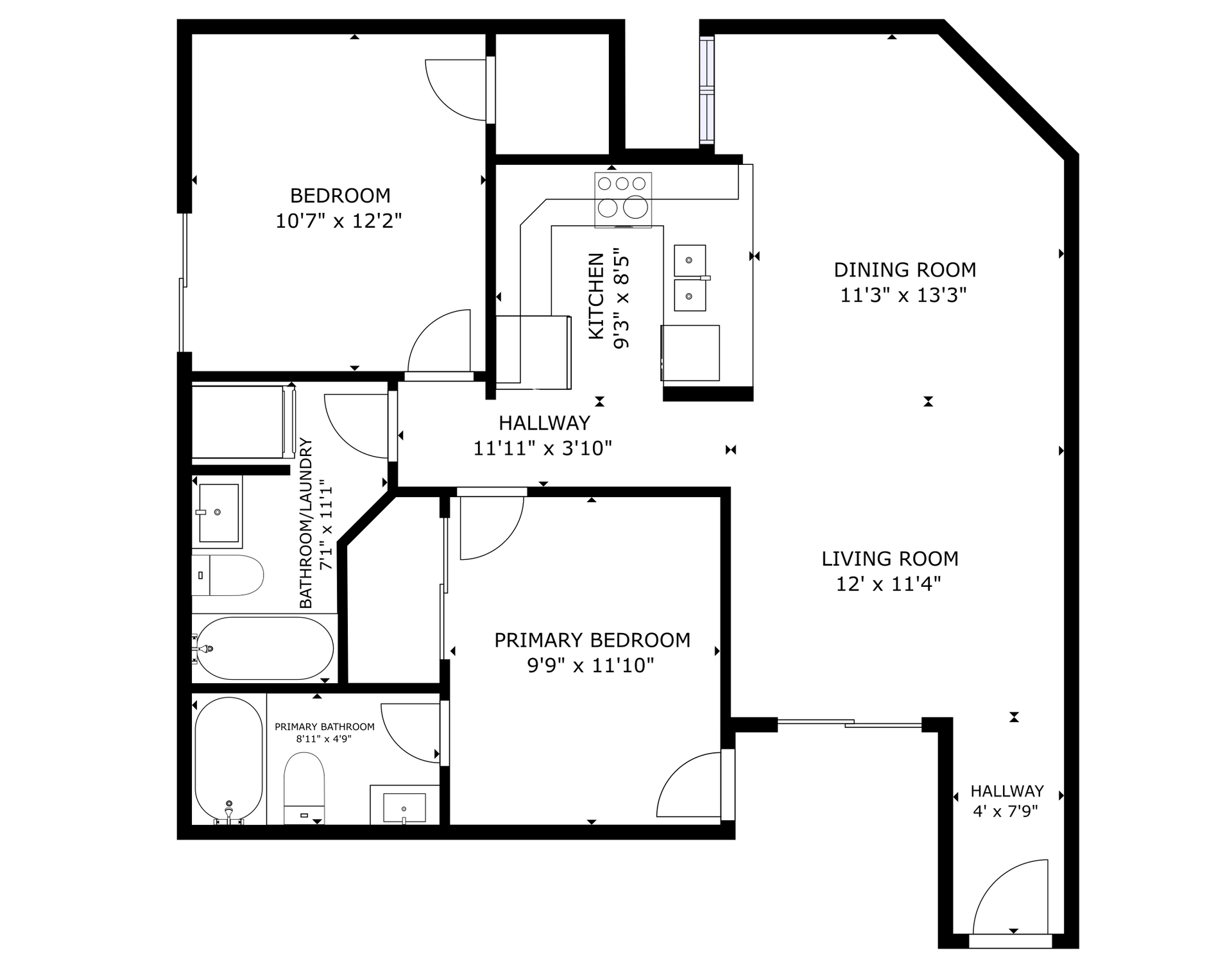 apartment black and white floor plan with room dimensions 