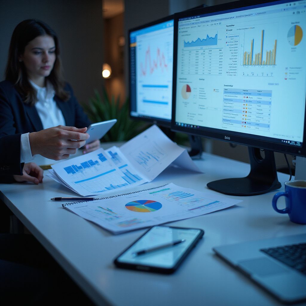 Woman analyzing data with tablet, papers, and dual computer screens displaying charts, graphs, and tables.