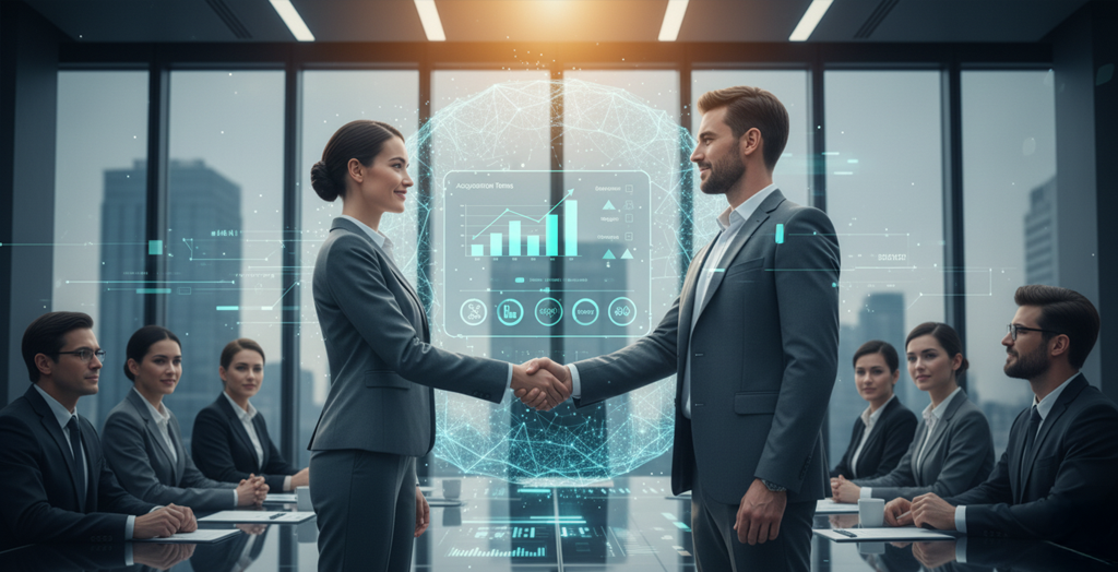 Businesspeople shaking hands with data visualization overlay in a modern office setting.
