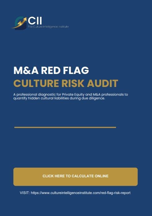 M&A red flag culture risk audit on a dark blue background. Includes a call to action button.