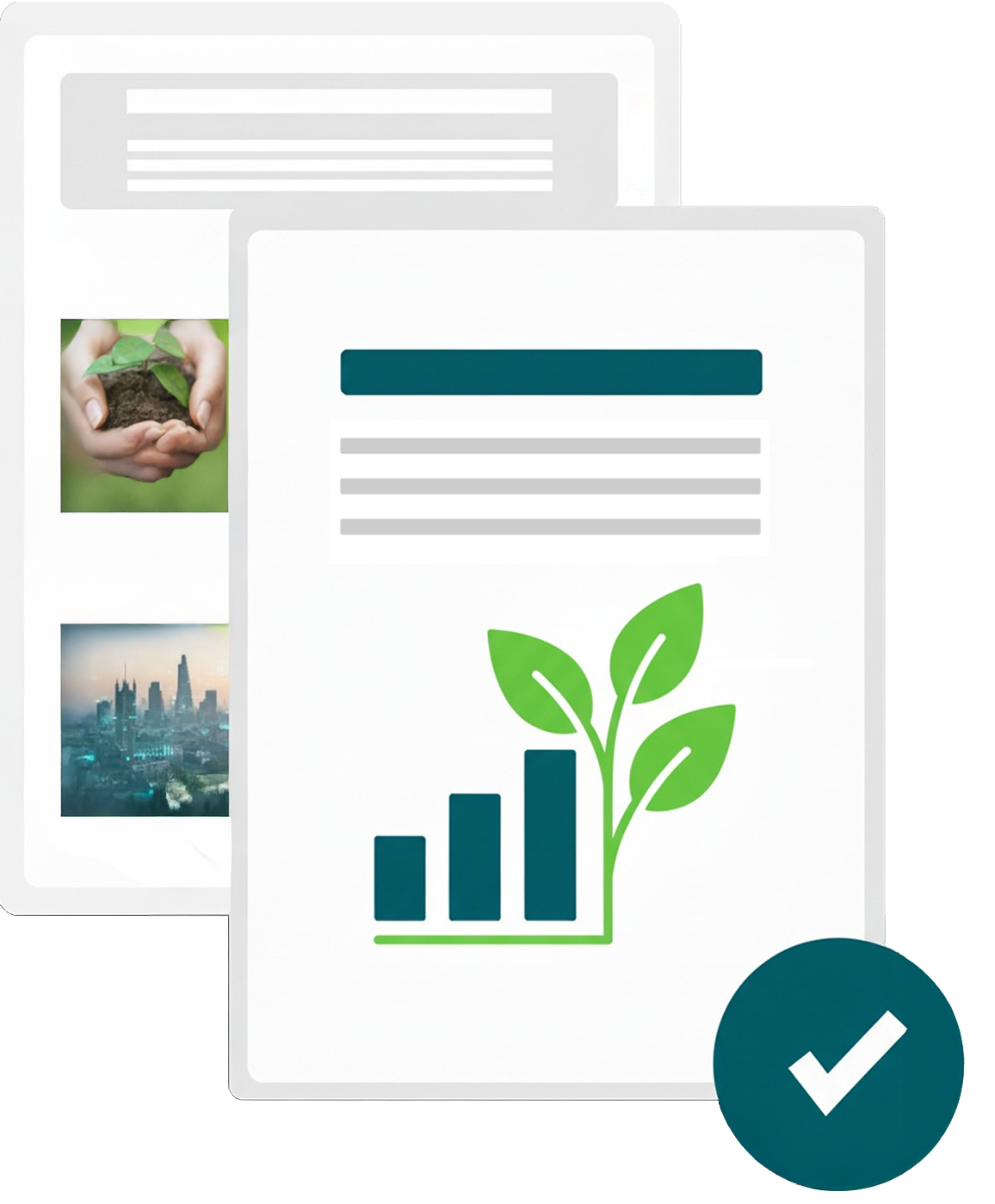 Documents with green leaves and a bar graph, checked.