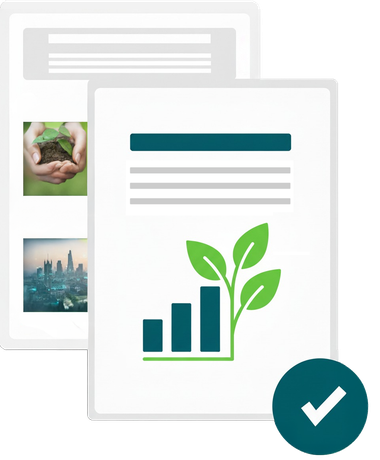 Documents with green leaves and a bar graph, checked.