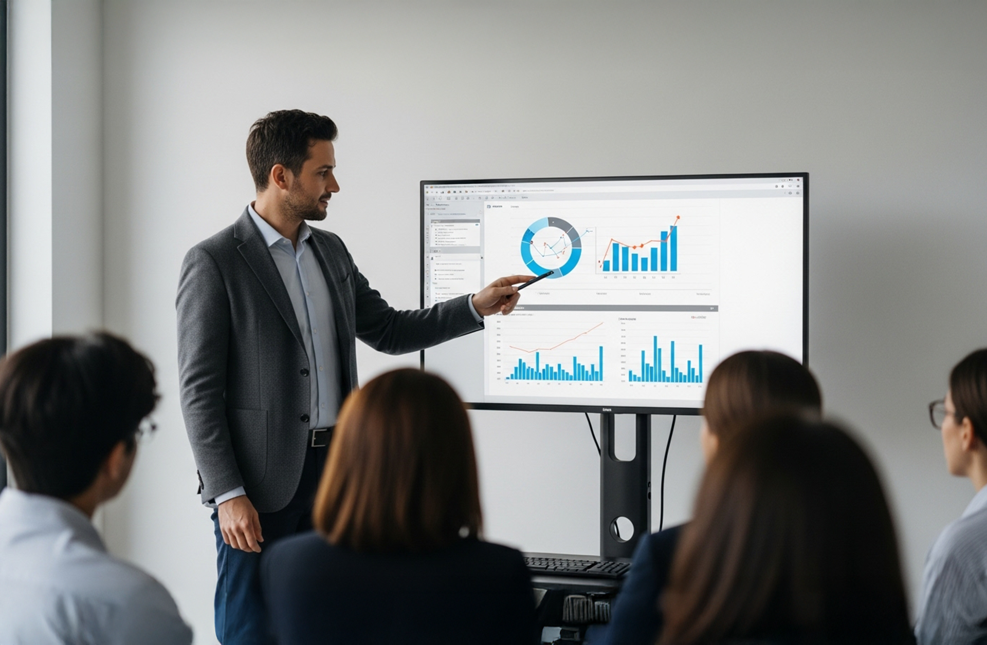 Two people at table; man pointing at laptop screen, woman taking notes, papers and phone visible.