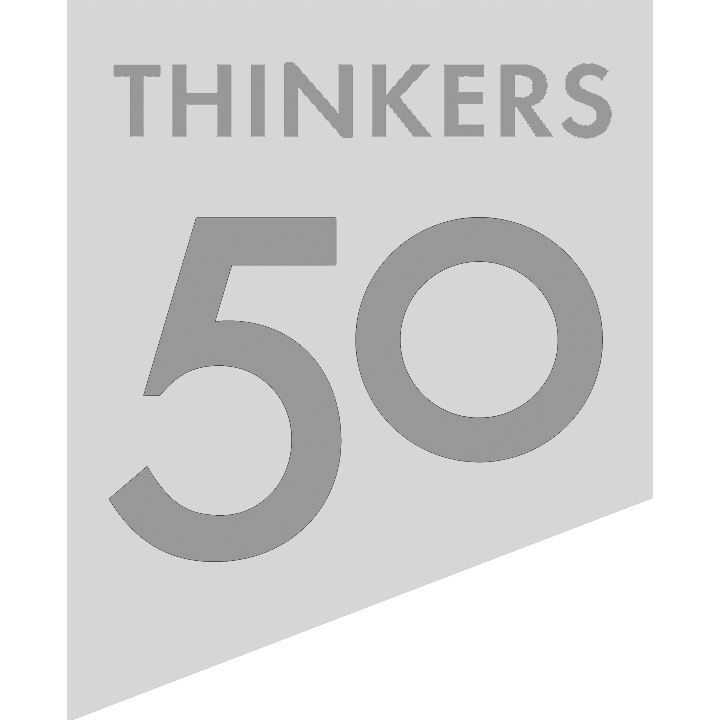Thinkers 50 logo: Gray text on a gray triangle;