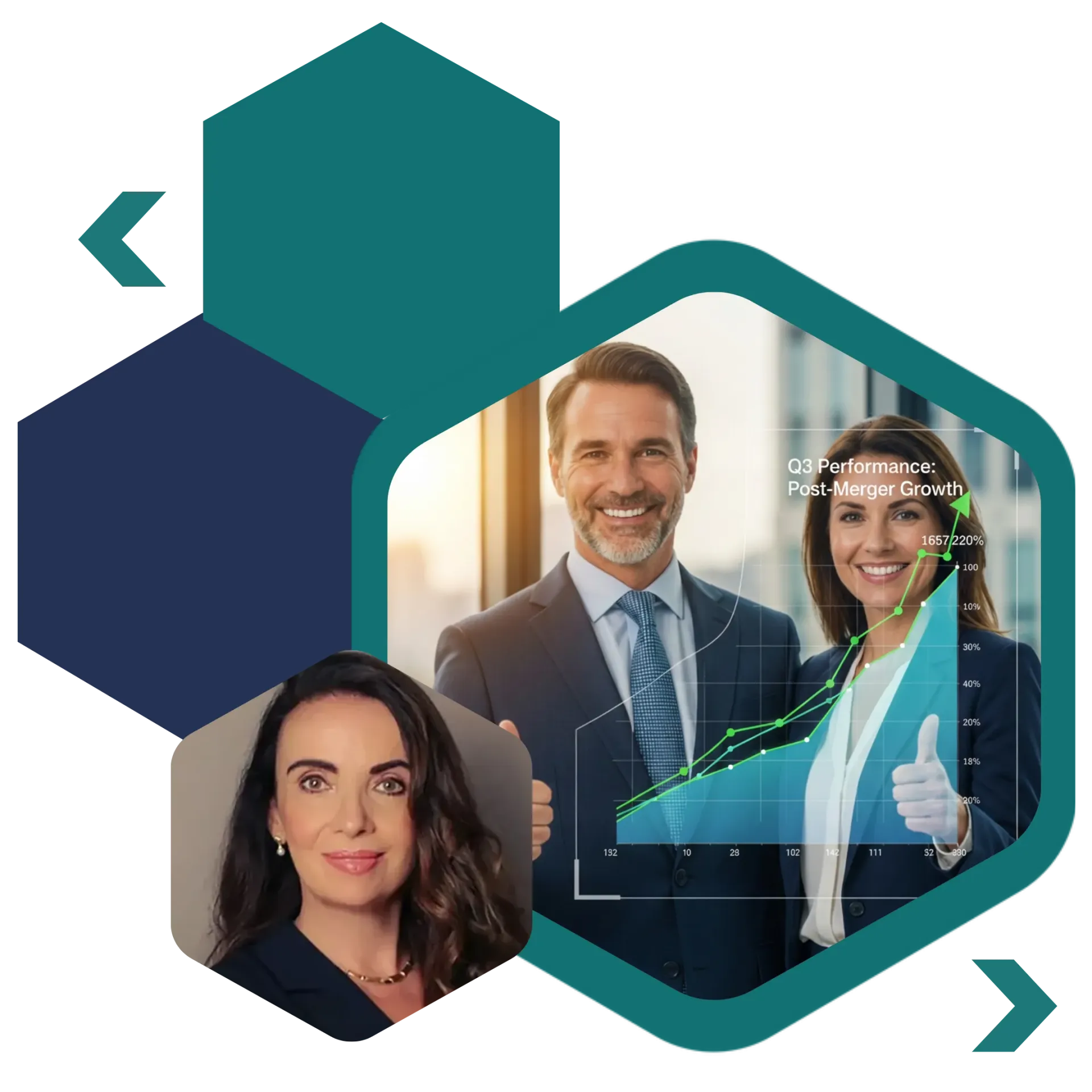 Woman in a dark blazer smiling, inside a teal hexagon, nested in colorful geometric shapes.