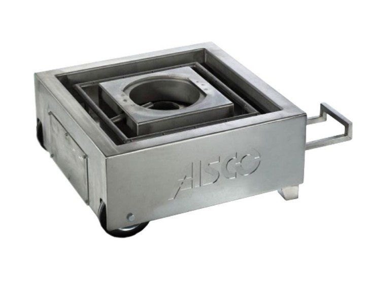 Servierwagen aus Edelstahl mit quadratischer, gestufter Struktur, Rädern und Griff. Der Markenname „Allsco“ ist sichtbar.
