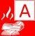 Feuerlöschersymbol für Brände der Klasse A: weißes, brennendes Holz mit dem Buchstaben A auf rotem Hintergrund.