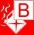 Rotes Feuerlöschersymbol mit einer Flamme, einem Buchstaben „B“ und einem nach unten zeigenden Kreuz.