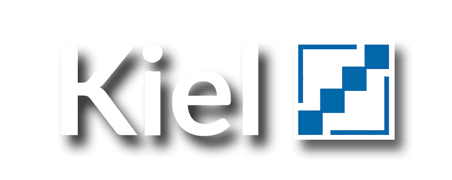 Kiel-Textlogo mit blauem Pixeldesign in einem quadratischen Rahmen.