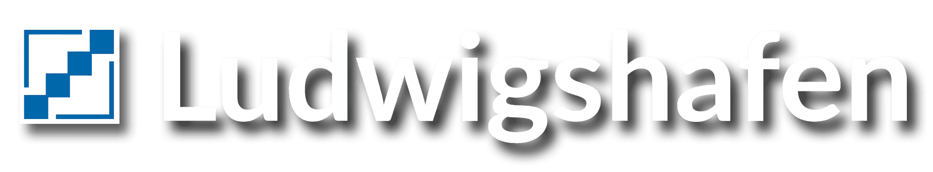 Logo von Ludwigshafen, Deutschland: blau-weiße geometrische Form, weißer Text mit Schatten.