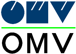 OMV-Logo: dunkelblaue geometrische Formen (Kreis, Quadrat, Dreieck) über einer grünen Linie, darunter schwarzes „OMV“.