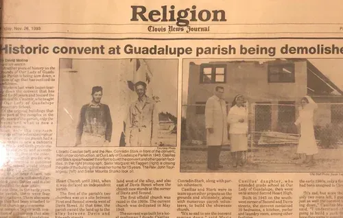 Newspaper article about the demolition of a historic convent at Guadalupe parish. Two men and a woman in front of the building.