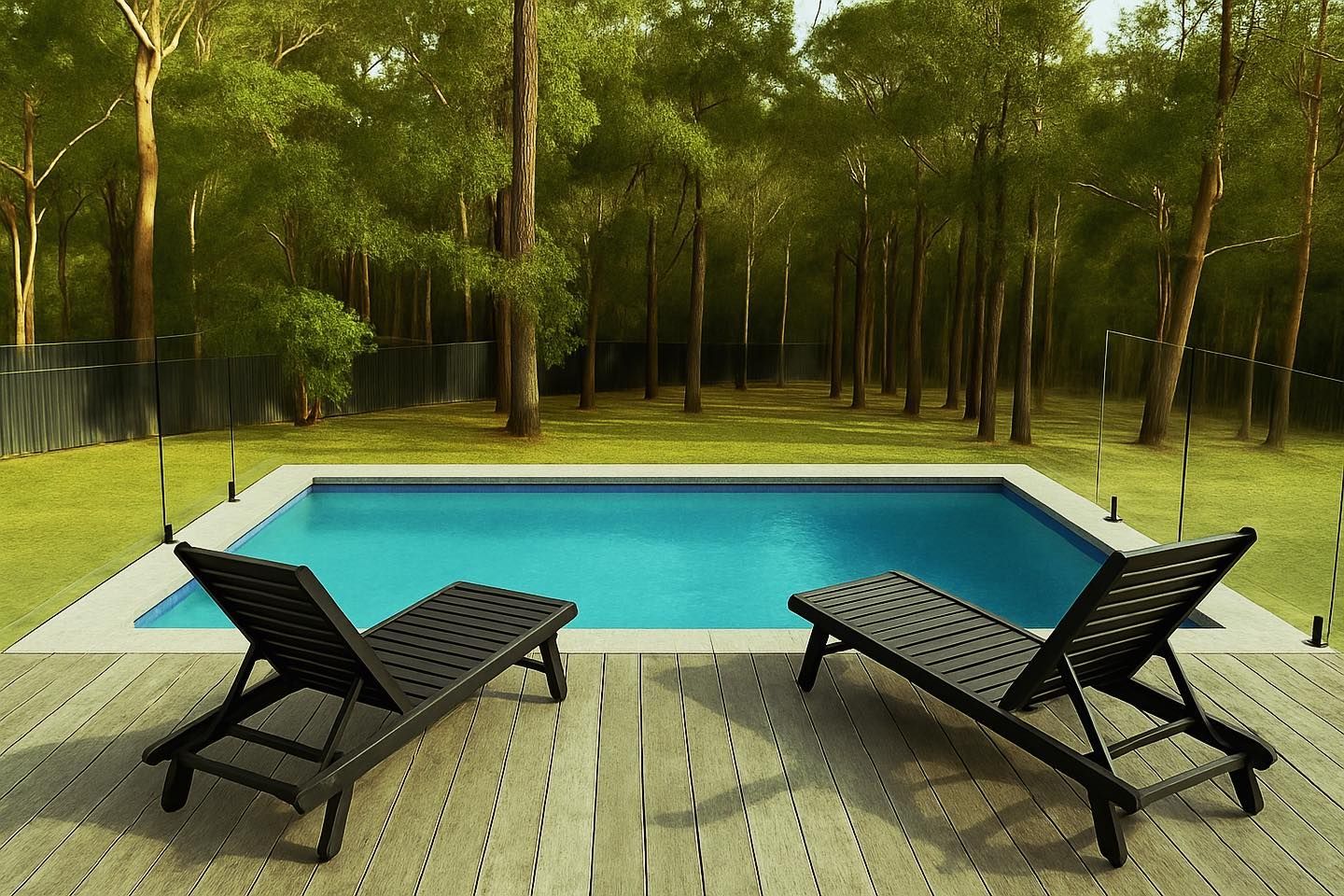 Swimming pool with two lounge chairs on a wooden deck, forest in background. — HinterCoast Pools In Wolvi, QLD