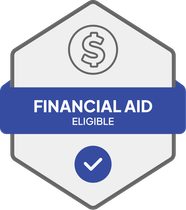Badge: Financial Aid Eligible, blue banner, building icon, dollar sign.