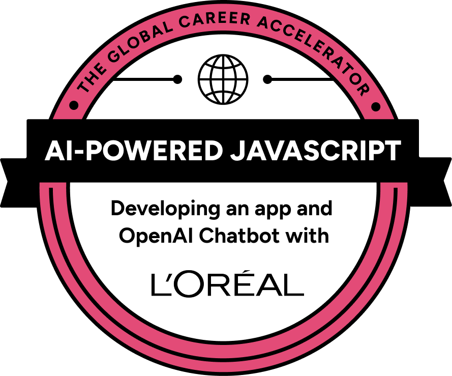 Badge: AI-powered JavaScript course by L'Oréal. Pink and black design, global career accelerator.