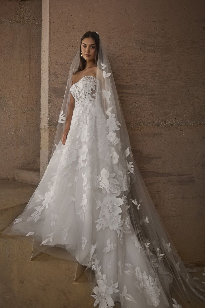 A bride in a white strapless wedding dress with floral appliqués, and a long veil standing on a staircase.